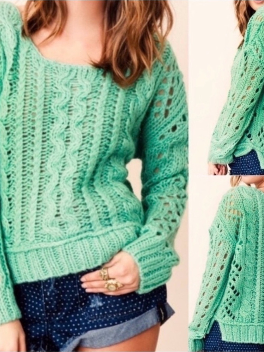 LN Free People Mint Green Oversized Cable Knit Mohair Blend Sweater
